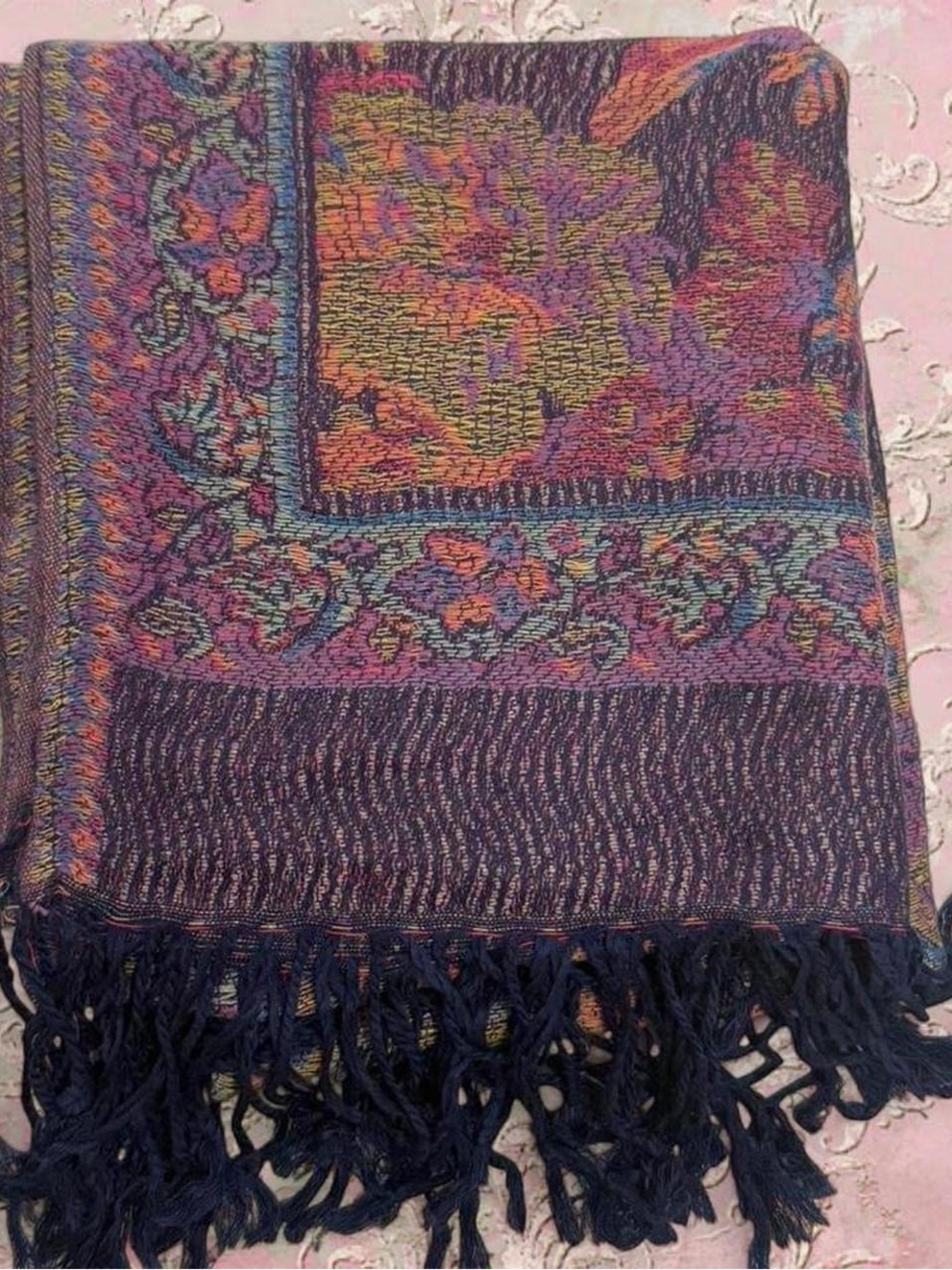 New | Limited Edition: Navy Blue Pastel Multicolor Pashmina Shawl